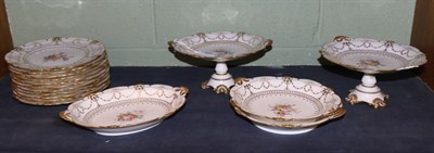 Lot 437 - A sixteen piece Royal Crown Derby dessert service, painted with flowers in a gilt border,...