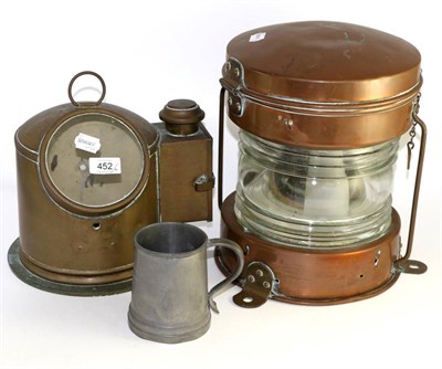 Lot 452 - Pewter tankard HMS Projector Antartic 1967/68, lifeboat compass cover and ships lamp (3)