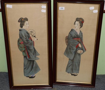 Lot 456 - Japanese School, a pair of portraits of a Geisha, watercolour on silk, 68cm by 30cm