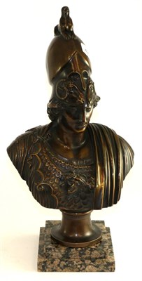 Lot 495 - A bronze bust of Athena, after the antique, wearing a helmet and brass plate, 46cm high, on a...