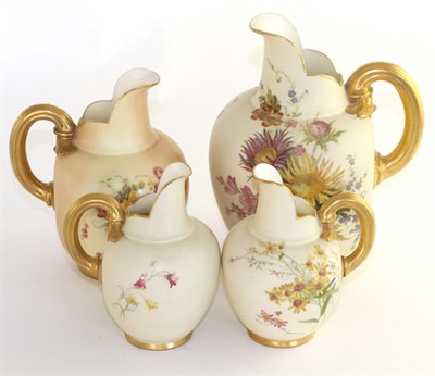 Lot 499 - A Royal Worcester porcelain ewer, 1895, of ovoid form decorated with flowers on an ivory...