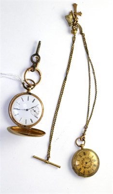 Lot 520 - Two lady's fob watches, the first, a full hunter fob watch, circa 1880, lever movement, enamel dial