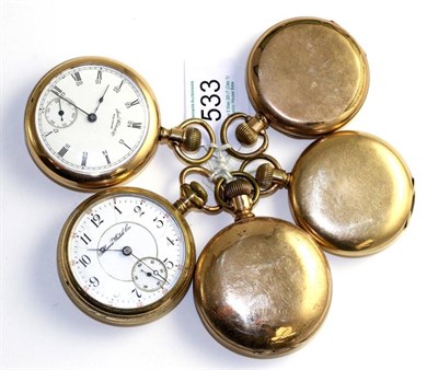 Lot 533 - Five gold plated pocket watches, two signed Waltham, Illinois Watch Co, Rockford Watch Co,...