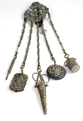 Lot 550 - A chatelaine comprising a pair of scissors, thimble holder, pin cushion, aid memoir and a...