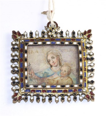 Lot 560 - A French copper gilt and enamel frame with miniature on vellum contained within, 16/17th century