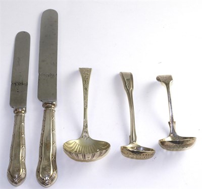 Lot 561 - Silver sifter spoon, London 1810, two plated sifter spoons and eight steel bladed knives