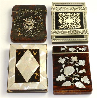 Lot 580 - Four 19th century tortoiseshell, abelone shell and ivory mounted card cases, one with a fine...