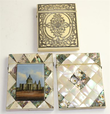 Lot 581 - A Victorian mother of pearl and abelone shell card case, the front with a reverse painted view...