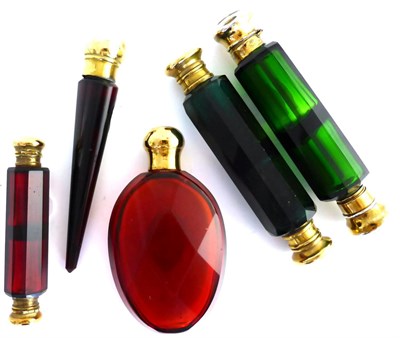 Lot 585 - Five coloured glass scent bottles comprising two green double scent bottles and three ruby...