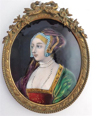 Lot 605 - A Limoges enamel plaque in Renaissance style decorated with a bust portrait of a lady, 10cm framed