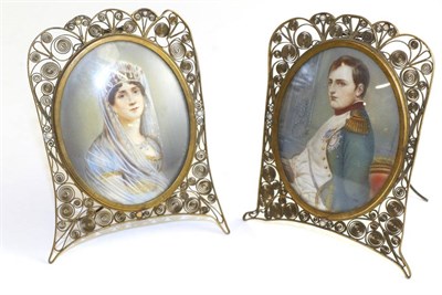 Lot 609 - A pair of 19th century brass framed portrait miniatures of Napoleon and Josephine, 8cm