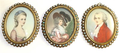 Lot 615 - Three portrait miniatures on paper depicting figures in 18th century style dress contained...