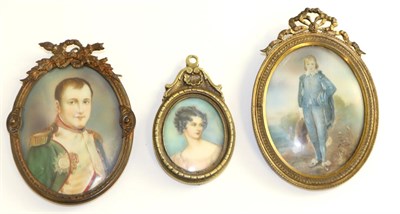 Lot 617 - Portrait miniature of Napoleon signed 'Russell'; a portrait miniature of a young gentleman in...