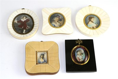 Lot 618 - Five portrait miniatures, first half of 20th century, four depicting ladies the other a boy (5)