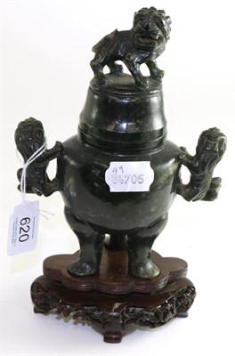 Lot 620 - # A Chinese spinach jade censer and cover, 19th century, carved with lion dogs, 20cm high, on...