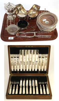 Lot 647 - Pair of plated bottle coasters, plated asparagus tongs, cased plated and mother-of-pearl...