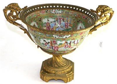 Lot 660 - A gilt metal mounted Cantonese porcelain bowl, 19th century, typically decorated with figures...