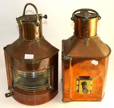 Lot 671 - Pair of copper and brass starboard and port ships lamps with original fittings