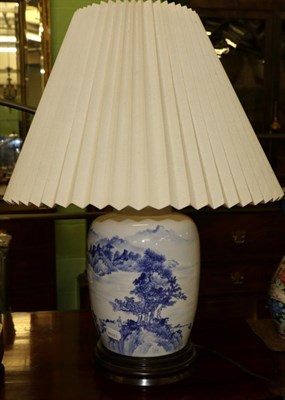 Lot 678 - Chinese blue and white lamp, Japanese vase and a Chinese silk picture (3)