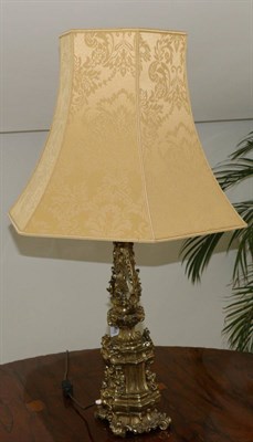 Lot 685 - A gilt metal candlestick as a table lamp in Renaissance style cast with classical ornament and...