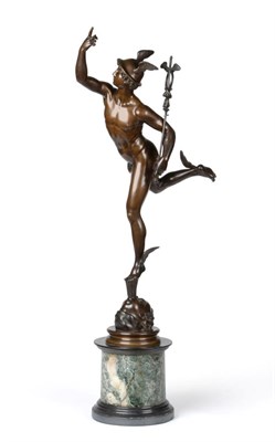 Lot 696 - After Giambologna, a bronze of Mercury on a marble and black slate cylindrical stand, 69cm high