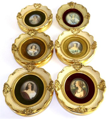 Lot 699 - Six 20th century portrait miniatures on paper depicting ladies in 18th century dress, 8cm high,...