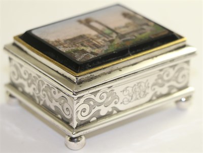 Lot 728 - A Micromosaic plaque mounted on a silver stamp box, circa 1840, the box James & Walter...