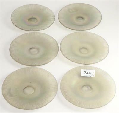 Lot 744 - A set of six Favrile style iridescent glass dishes, yellow/green, unmarked, 14.5cm