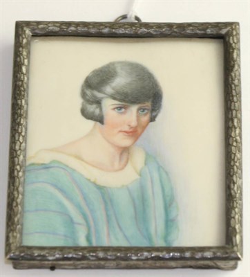 Lot 745 - A portrait miniature on ivory titled 'Muriel' painted by Miss I Sutcliffe, label to verso,...