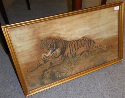 Lot 751 - Follower of George Stubbs (1724-1806) A tiger at rest, on silk, label to verso JJ Patrickson & Son