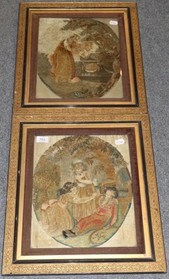 Lot 753 - # A pair of George III silk work pictures, depicting children at play and a classical maiden in...