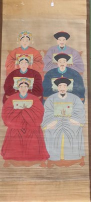 Lot 766 - A 19th century polychrome painted scrollwork picture depicting six Chinese figures, maximum...