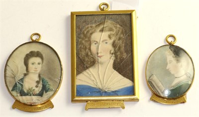 Lot 807 - A portrait miniature of a lady named 'Stuart-Menteth' 6cm high, an oval miniature portrait of 'Lady