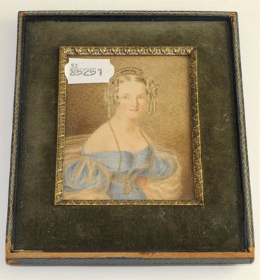 Lot 818 - English School, 19th century, portrait miniature of a girl wearing a blue dress, 10cm by 7.5cm