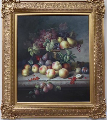 Lot 1024 - R Caspers (20th/21st century) Still life with fruit on a plate resting on a marble ledge,...