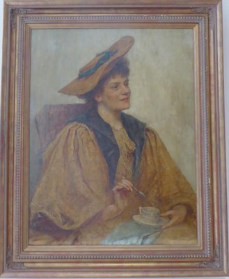 Lot 1026 - British School (19th/20th century) Portrait of a Lady, half-length seated taking tea, oil on...