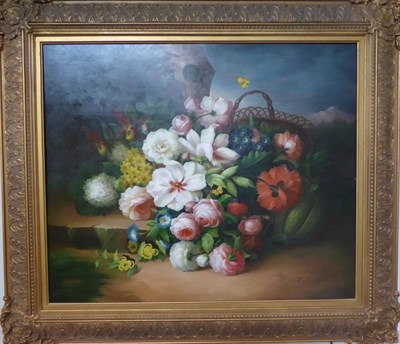 Lot 1032 - Thomas Webster (20th/21st century) Still life with roses, peonies, daffodils and other mixed...