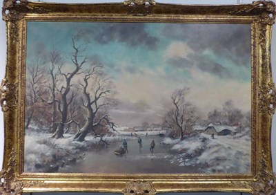 Lot 1042 - Stephan de Haan (Dutch b.1900) Figures skating in a winter landscape, signed, oil on canvas,...