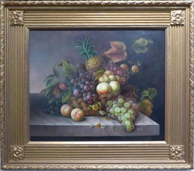 Lot 1044 - R. Casper (20th/21st century) Still life with fruit on a marble ledge, signed, oil on canvas,...