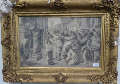 Lot 1057 - Continental School (19th century) Figures sacrificing a bull in a Classical landscaape, pencil,...