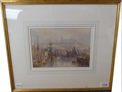 Lot 1058 - ~ Mary Weatherill (1834-1913) Whitby Harbour with the Abbey beyond";, initialled, watercolour, 16cm