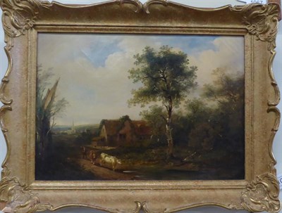 Lot 1065 - Attributed to Alfred Vickers (19th century) Cattle and Countryman on a Lane, oil on canvas,...