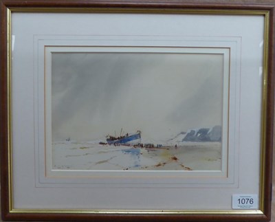 Lot 1076 - ~ Frank Henry Mason RBA, RI, RSMA (1875-1965) Beached fishing vessel with figures, signed,...