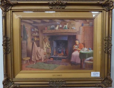 Lot 1077 - Henry Spernon Tozer (1864-c.1938) A cottage interior with a lady seated by a fire taking tea,...