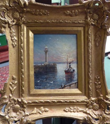 Lot 1080 - ~ Richard Weatherill fl. (1870-1900) A Paddle steamer at the entrance to Whitby Harbour,...