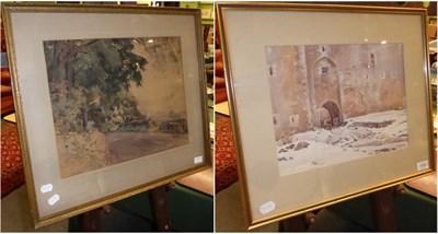 Lot 1082 - Fred Lawson, (1888-1968) Bolton Castle, signed, pencil and watercolour together with a further...