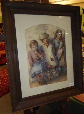 Lot 1085 - W Hunt (20th century) Three street urchins standing before a wall, signed, watercolour, 39cm by...