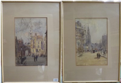 Lot 1087 - Ernest Procter (1886-1935) Figures and horse drawn carriages before a church steeple; figures...