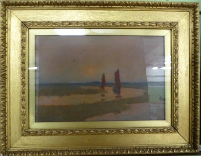 Lot 1094 - Louis Grier (1864-1920) Sailed ships on an estuary at sunset, signed, oil on canvas, 28.5cm by...