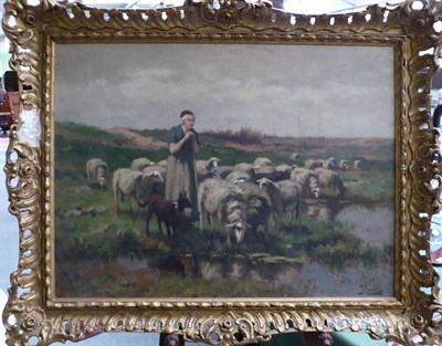 Lot 1100 - Johannes Karel Leurs (1865-1938) Dutch, Shepherdess with flock at rest beside a brook, signed,...